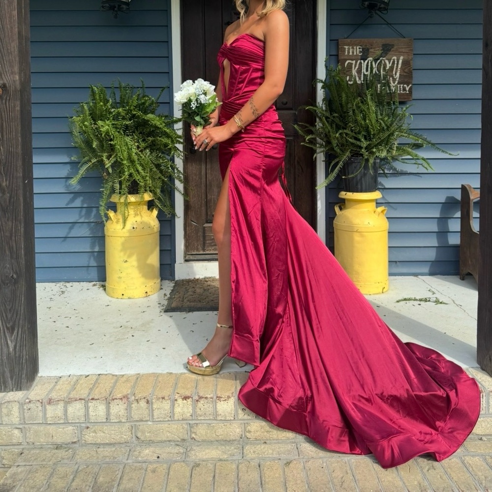 Strapless Red Prom Dress with Side Slit
